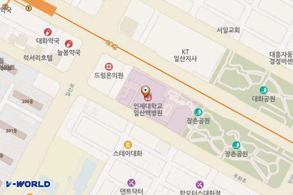 인제대학교 일산백병원 (완속충전기) 위치 지도 — 경기도 고양시 일산서구 주화로 170