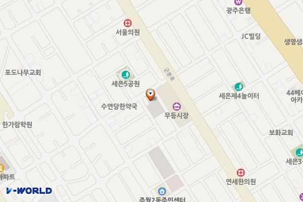 무등시장 주차타워 위치 지도 — 전남광주통합특별시 남구 군분로33번길 5