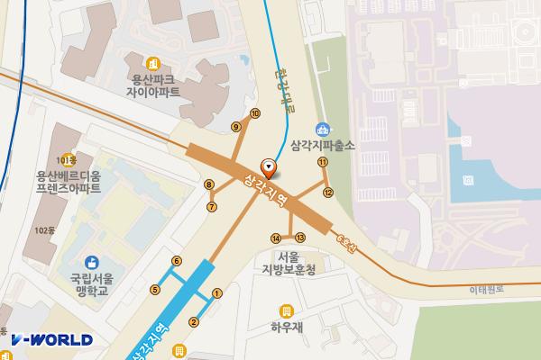 삼각지역(6호선) 위치 지도 — 서울특별시 용산구 한강대로 지하 185 (한강로1가, 6호선 삼각지역)
