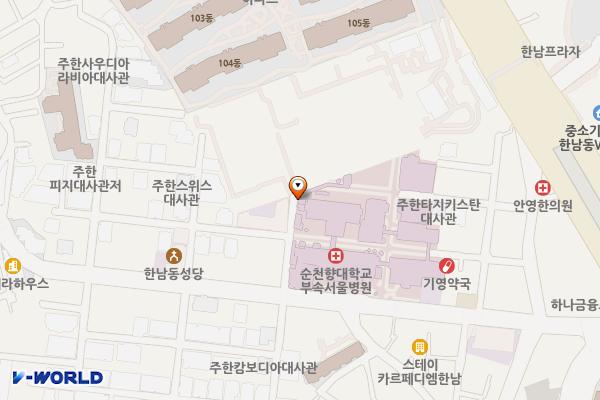 순천향병원 위치 지도 — 서울특별시 용산구 대사관로 59 (한남동, 순천향대학병원)