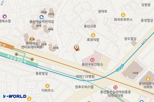 보훈회관(용산꿈나무종합타운 제1,2별관) 위치 지도 — 서울특별시 용산구 백범로 329 (원효로1가)