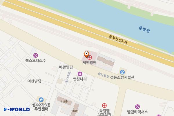 학교법인대진교육재단제인병원 위치 지도 — 서울특별시 성동구 광나루로 243, 학교법인대진교육재단 제인병원 (송정동)