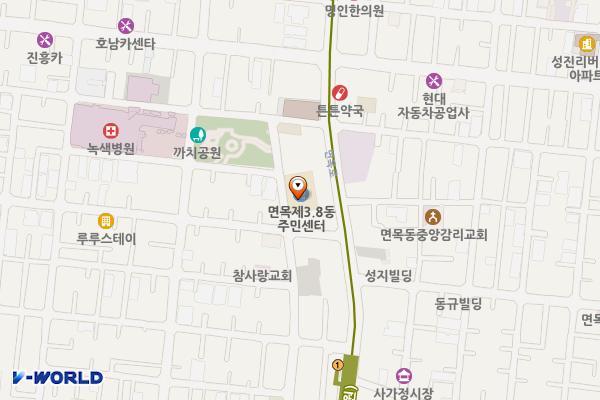 면목제3.8동주민센터 화장실 위치 지도 — 서울특별시 중랑구 사가정로51길 48 (면목동, 면목3,8동 주민센터) 까치공원 앞