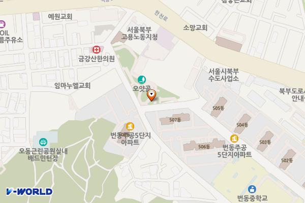 번동5단지 종합사회복지관 화장실 위치 지도 — 서울특별시 강북구 한천로115길 20 (번동, 번동주공5단지아파트)