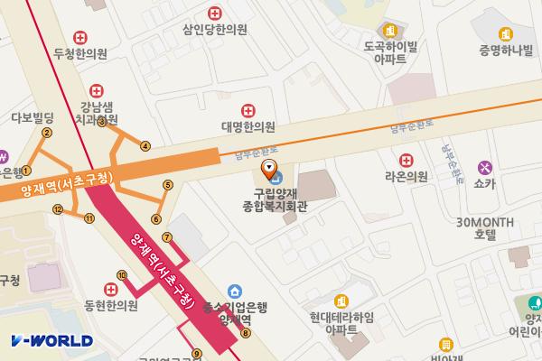 양재종합사회복지관 위치 지도 — 서울특별시 서초구 남부순환로 2610, 양재1동민원분소 (양재동)