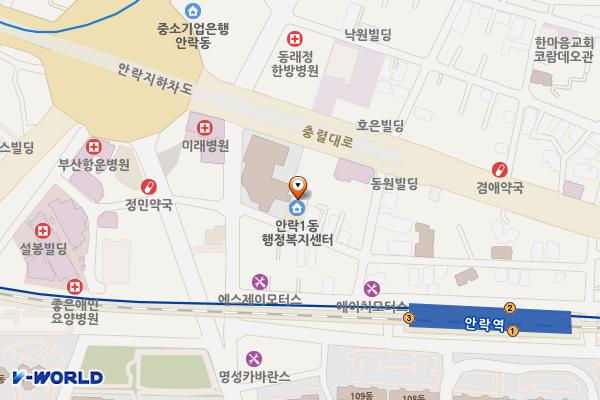안락제1동 행정복지센터 위치 지도 — 부산광역시 동래구 안연로110번길 9