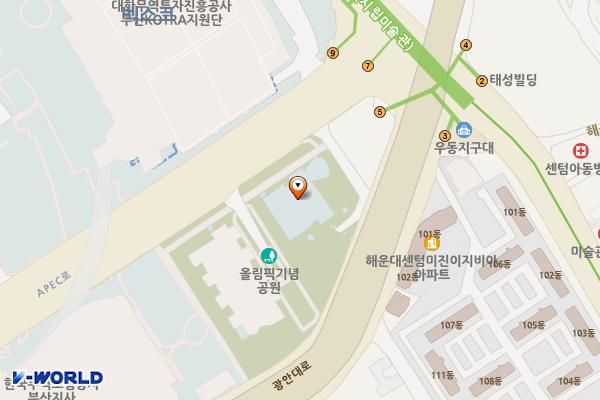 부산시립미술관 위치 지도 — 부산광역시 해운대구 APEC로 68, 부산사회체육센타 (우동)
