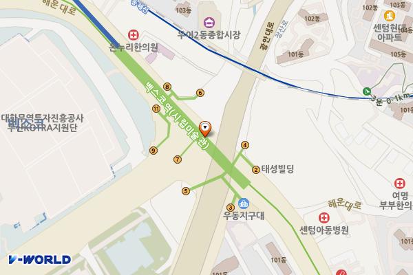 벡스코(시립미술관) 위치 지도 — 부산광역시 해운대구 해운대로 지하 396