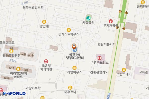 광안1동행정복지센터 위치 지도 — 부산광역시 수영구 광일로14번길 17(광안동)