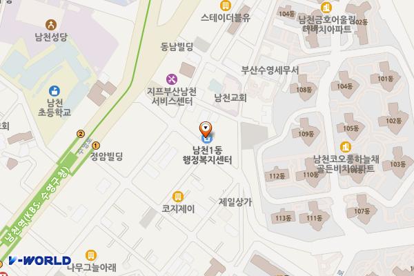 남천1동 행정복지센터 위치 지도 — 부산광역시 수영구 남천동로 13(남천동)