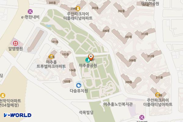 미추홀공원 게이트볼장 위치 지도 — 인천광역시 미추홀구 학익소로13번길 46, 미추홀공원공중화장실 (주안동)