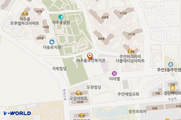 인천미추홀구노인복지관 위치 지도 — 인천광역시 미추홀구 학익소로37번길 17 (주안동, 미추홀구노인복지관)