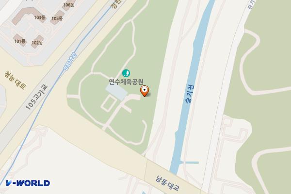 승기천 원인재역 위치 지도 — 인천광역시 연수구 청능대로 205, 연수체육공원 (연수동)
