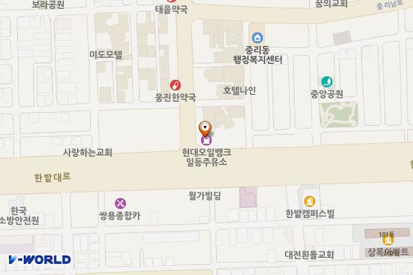 ㈜에스디에이오일 일등주유소 위치 지도 — 대전광역시 대덕구 한밭대로 1145(중리동)
