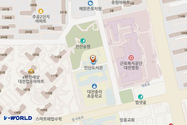 안산도서관 위치 지도 — 대전광역시 대덕구 계족로663번길 25(법동)