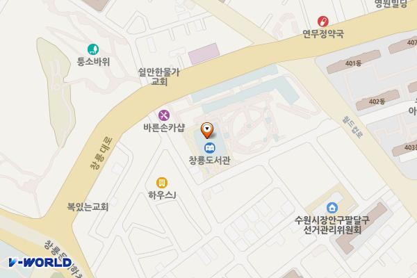 창룡도서관 위치 지도 — 경기도 수원시 팔달구 월드컵로 381번길 36(우만동)