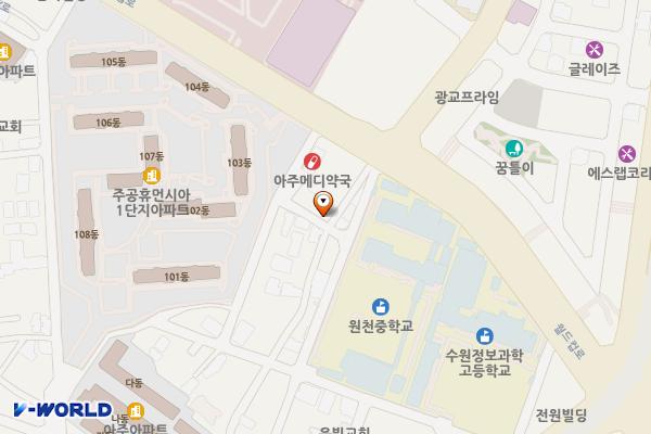 아주정문약국 위치 지도 — 경기도 수원시 영통구 월드컵로 151번길 12(원천동)