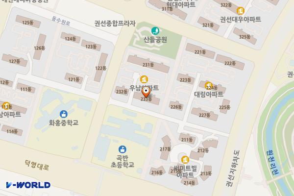 산들어린이공원 위치 지도 — 경기도 수원시 권선구 덕영대로1323번길 26-7(권선동)