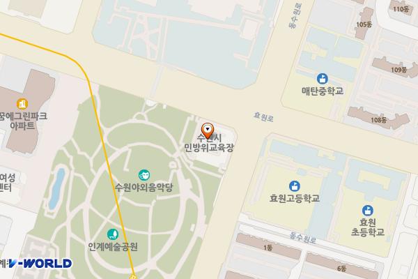 민방위교육장(내)화장실 위치 지도 — 경기도 수원시 팔달구 동수원로 341(인계동)
