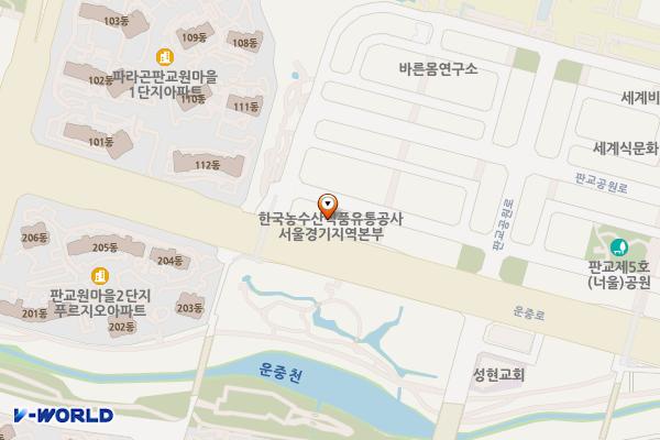 한국농수산식품유통공사 서울경기지역본부 위치 지도 — 경기도 성남시 분당구 운중로 229 (판교동)