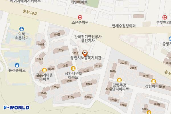 용인시노동복지회관 개방화장실 위치 지도 — 경기도 용인시 처인구 중부대로 1356, 용인시노동복지회관 (김량장동)