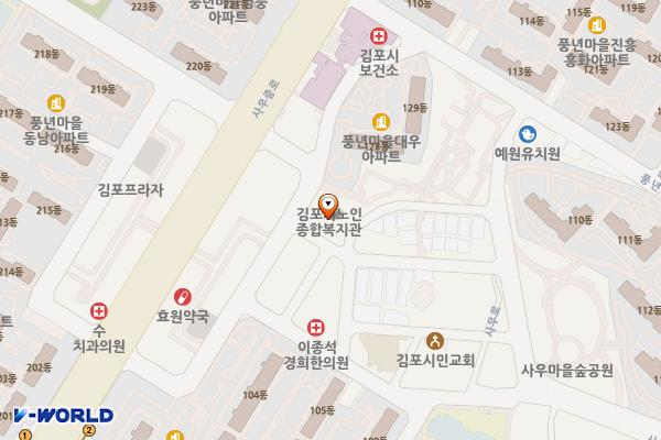 김포시노인종합복지관 위치 지도 — 경기도 김포시 사우중로74번길 48, 김포시노인종합복지관 (사우동)