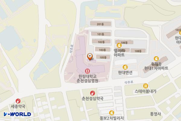 한림대학교춘천성심병원 위치 지도 — 강원특별자치도 춘천시 삭주로 77