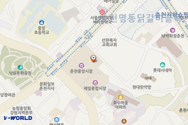 춘천중앙시장㈜ 위치 지도 — 강원특별자치도 춘천시 명동길29번길 5 (죽림동)