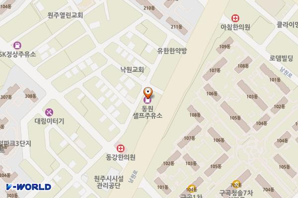 HD현대오일뱅크㈜직영 동원셀프주유소 위치 지도 — 강원특별자치도 원주시 남원로 505 (명륜동)