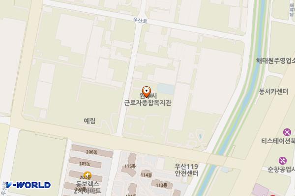 근로자종합복지관 내부 화장실(2.5층) 위치 지도 — 강원특별자치도 원주시 우산공단길 24