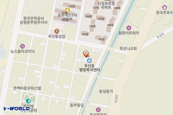 우산동행정복지센터(3층) 위치 지도 — 강원특별자치도 원주시 진광길 9