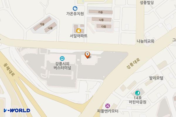 고속버스터미널 위치 지도 — 강원특별자치도 강릉시 하슬라로 15, 고속버스터미널 (홍제동)