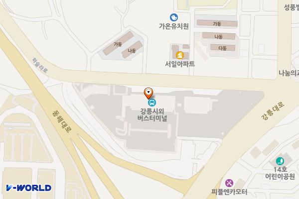시외버스터미널 위치 지도 — 강원특별자치도 강릉시 하슬라로 27, 강릉시외버스터미널 (홍제동)