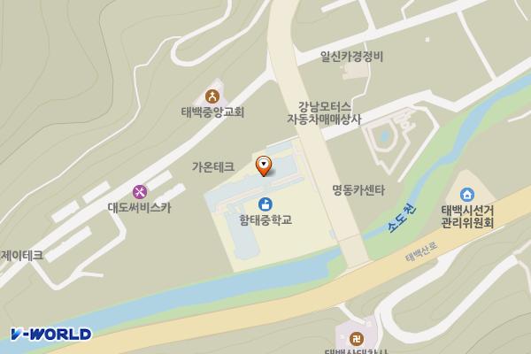 함태중학교(체육관 1층) 위치 지도 — 강원특별자치도 태백시 번영로 11 (황지동)