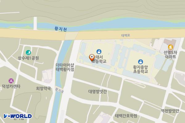태서초등학교(체육관) 위치 지도 — 강원특별자치도 태백시 태백로 802 (황지동)