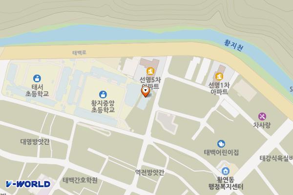 태백산소드림도서관 위치 지도 — 강원특별자치도 태백시 장수길 33 (황지동)
