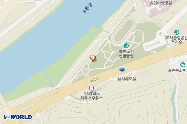 토리숲 게이트볼장 위치 지도 — 강원특별자치도 홍천군 홍천읍 산림공원1길 49