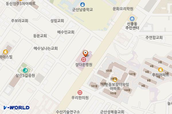 의료법인 관주의료재단 정다운병원 위치 지도 — 전북특별자치도 군산시 대학로 236