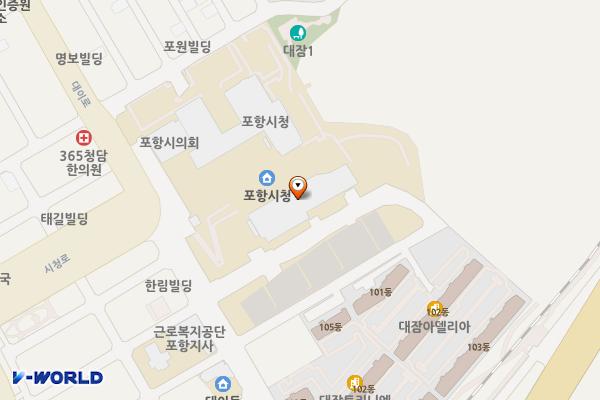 경상북도 포항시청 부설주차장 위치 지도 — 경상북도 포항시 남구 시청로 1(대잠동)